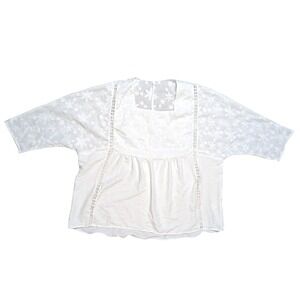 White Plus Size Long Sleeve Light White Sheer Floral Print Top